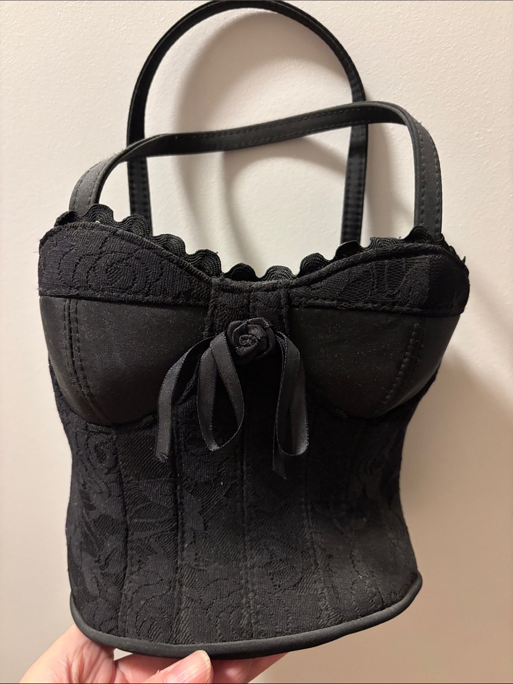Black Lace Corset Mini Handbag with Rose Accent